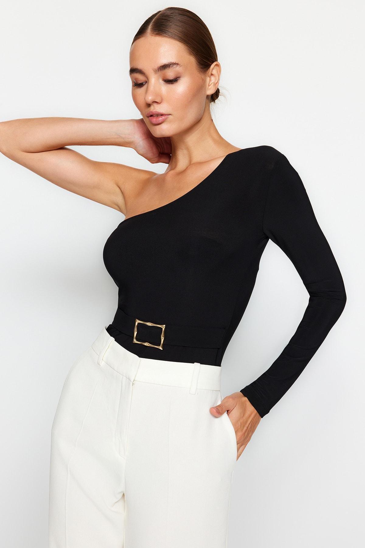 Black One-Shoulder Elastic Knitted Body, , large image number 1