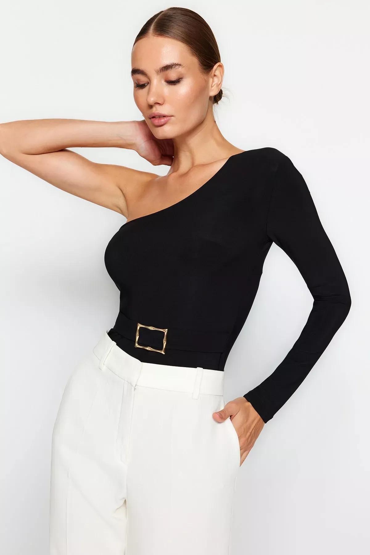 Black One-Shoulder Elastic Knitted Body, BLACK, large image number 1