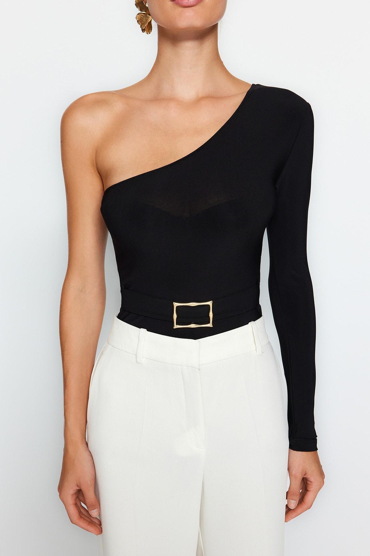 Black One-Shoulder Elastic Knitted Body, , large image number 2