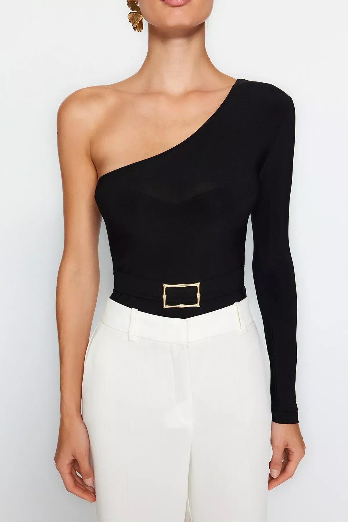 Black One-Shoulder Elastic Knitted Body, BLACK, large image number 2