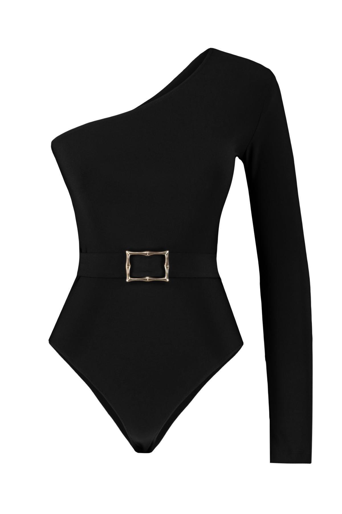 Black One-Shoulder Elastic Knitted Body, , large image number 5