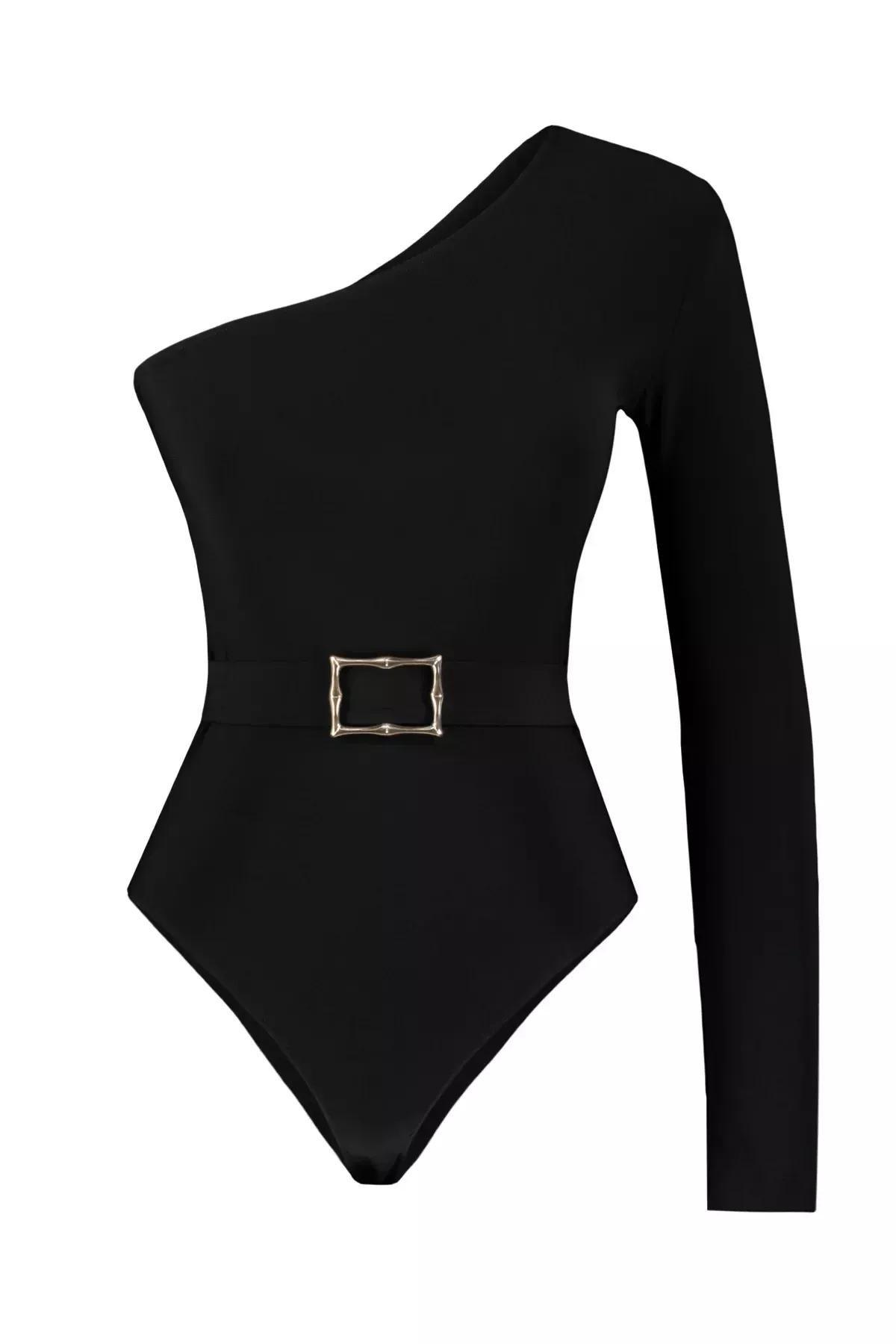 Black One-Shoulder Elastic Knitted Body, BLACK, large image number 5