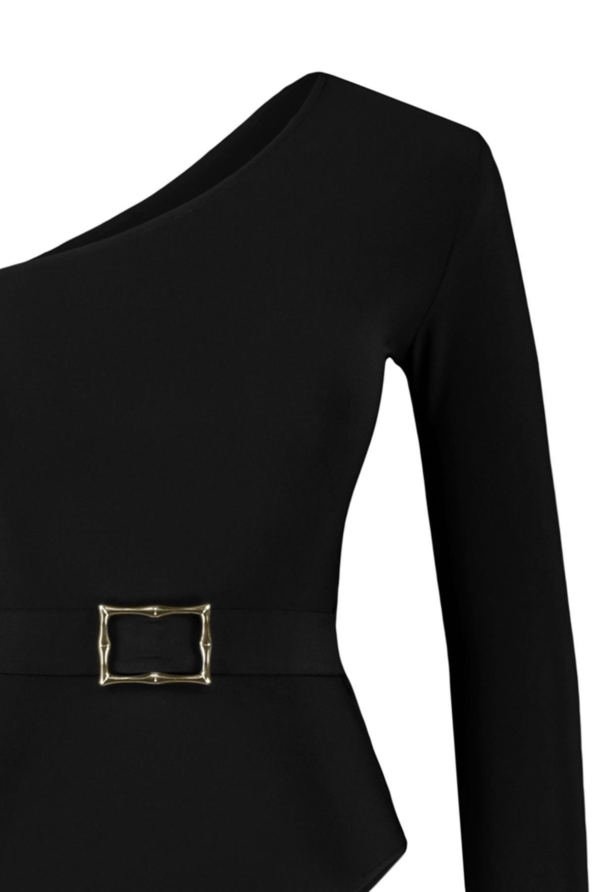 Black One-Shoulder Elastic Knitted Body, , large image number 6