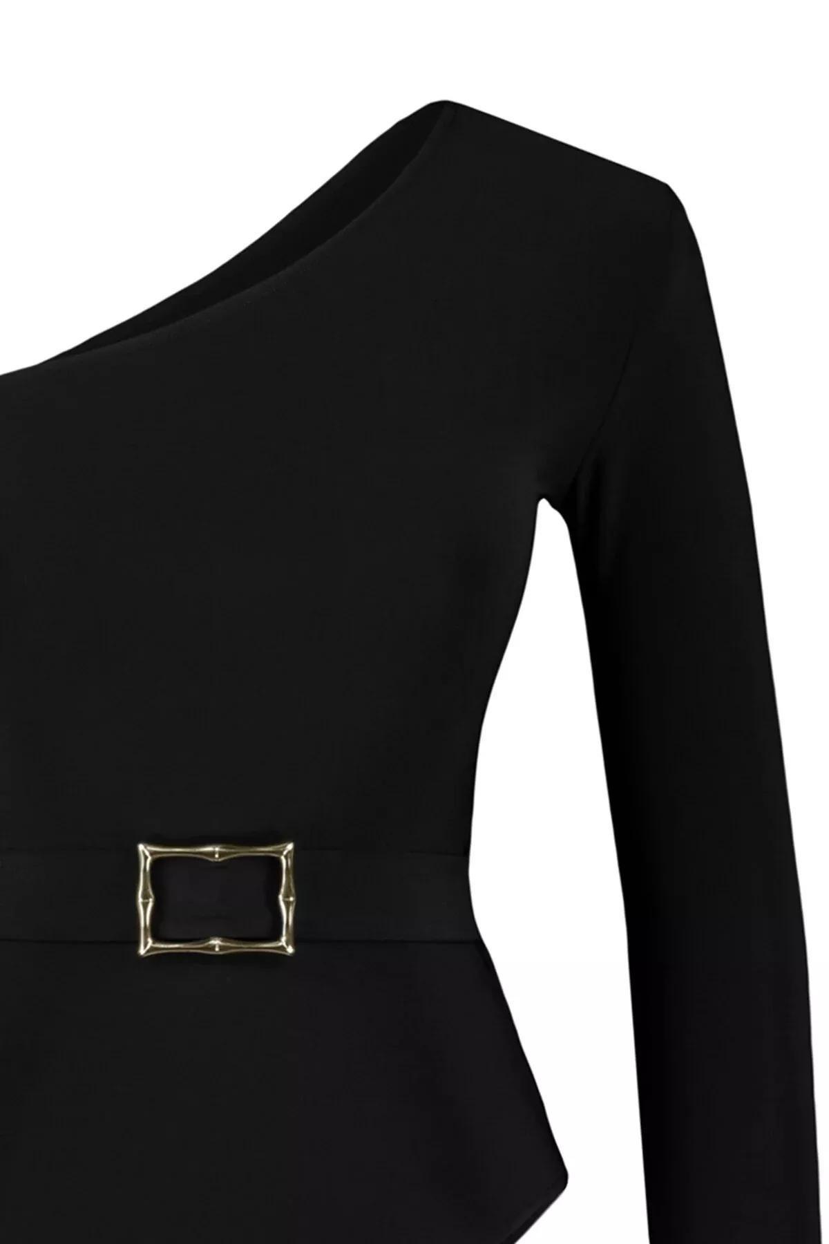 Black One-Shoulder Elastic Knitted Body, BLACK, large image number 6