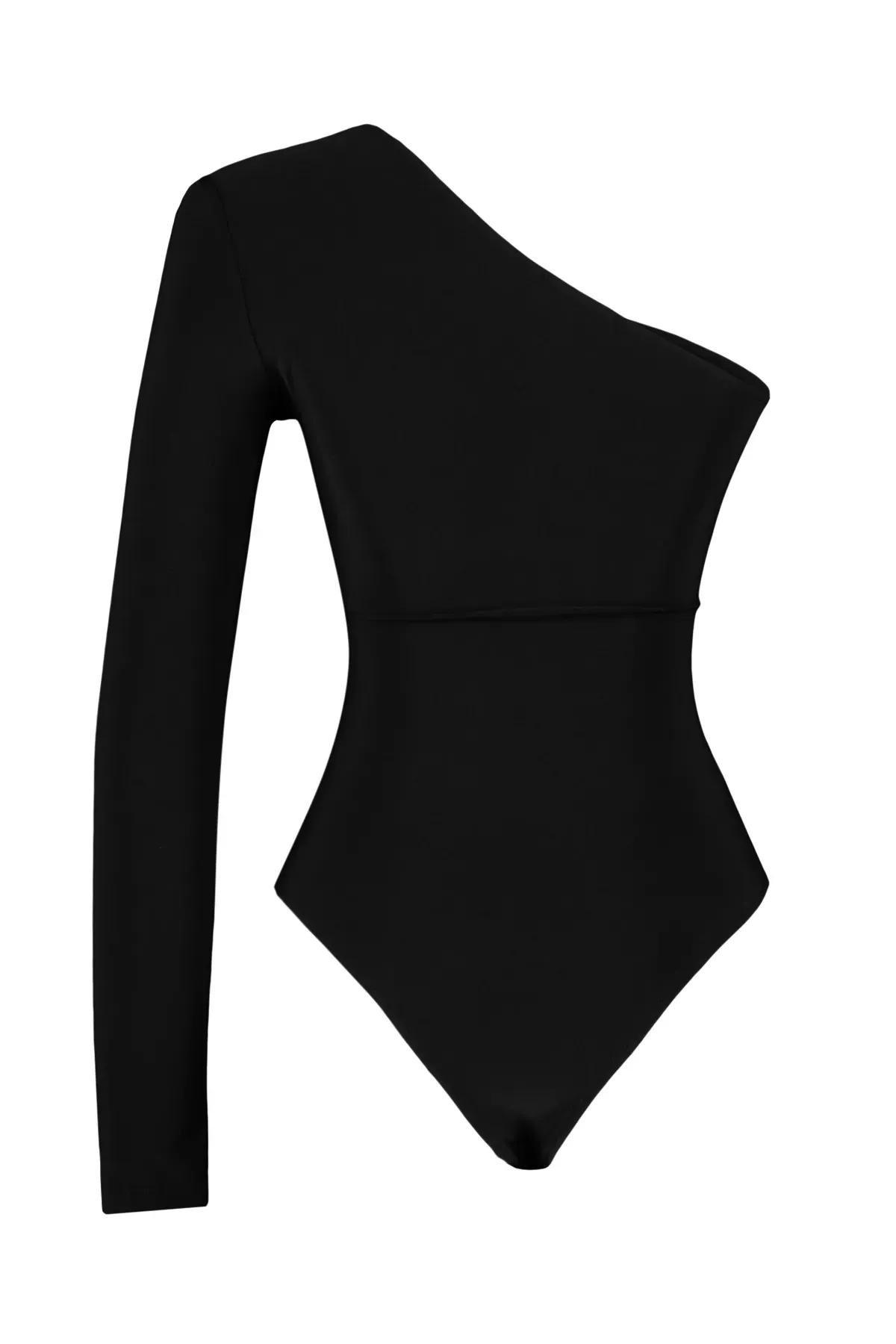 Black One-Shoulder Elastic Knitted Body, BLACK, large image number 7