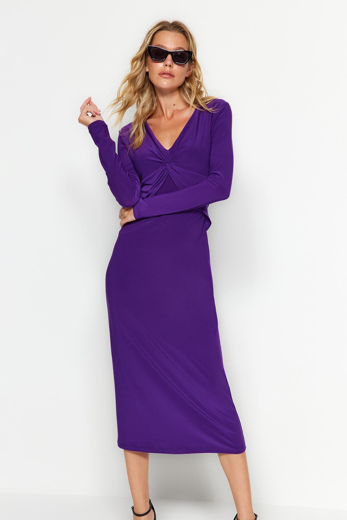 Trendyol - Purple V-Neck Fitted Midi Knit Dress