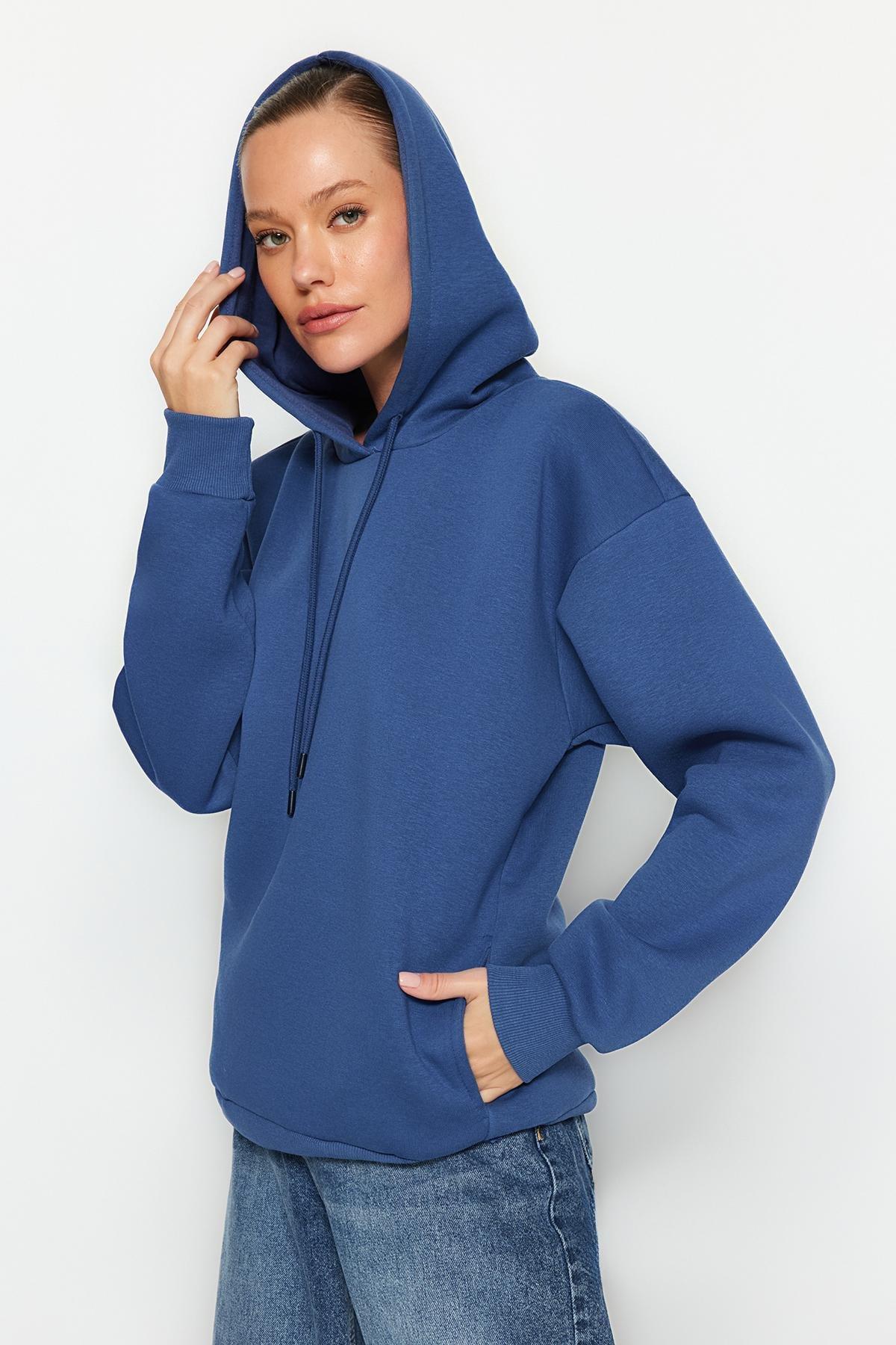 Trendyol - Blue Detailed Hooded Knitted Sweatshirt