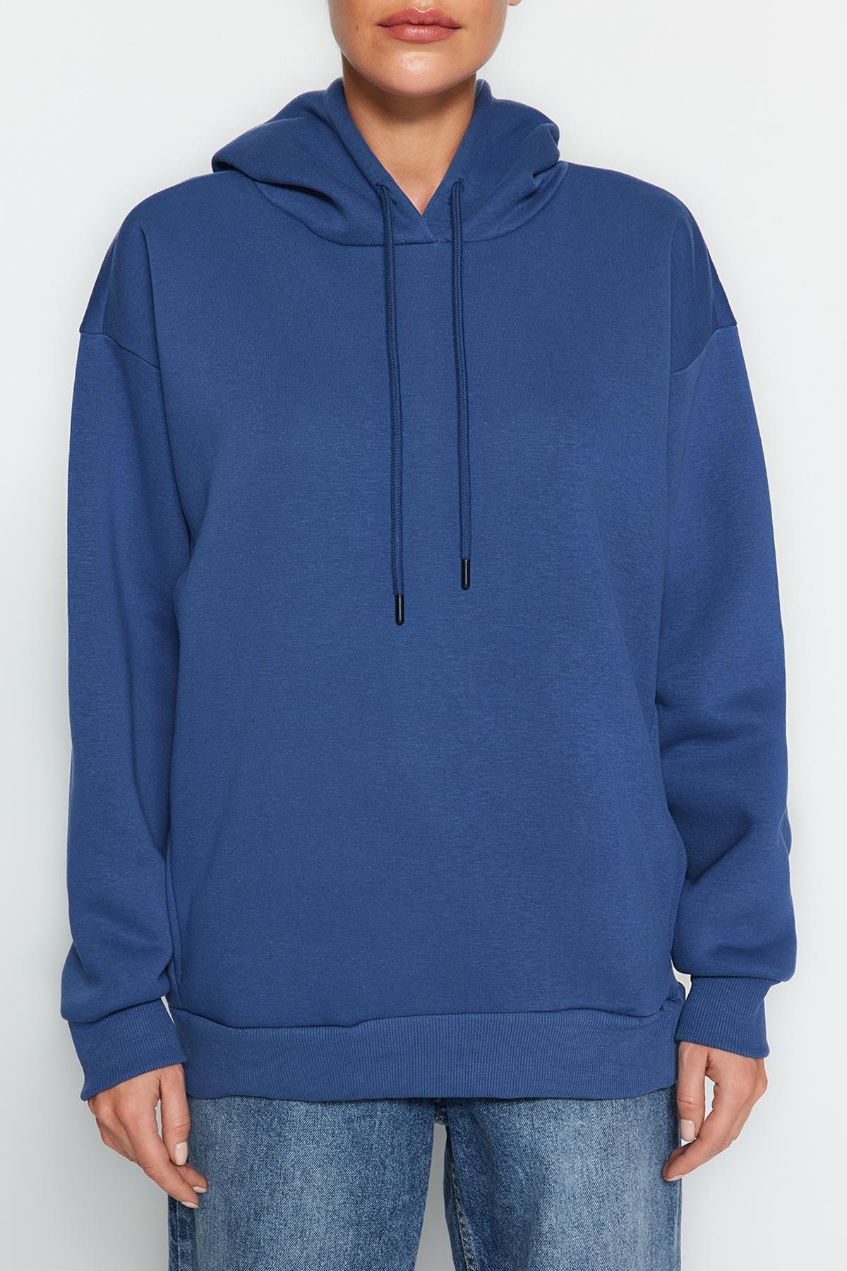 Trendyol - Blue Detailed Hooded Knitted Sweatshirt
