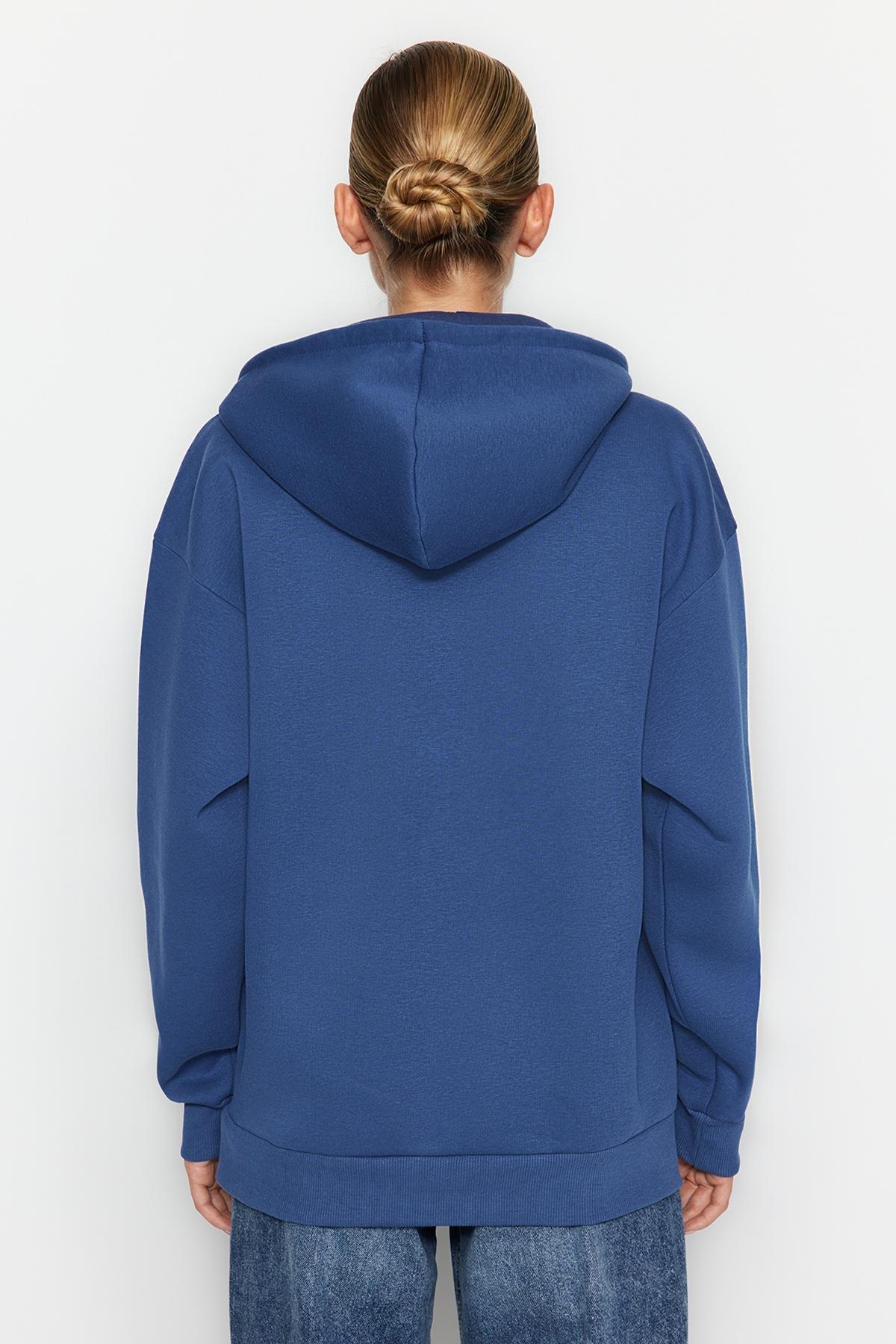 Trendyol - Blue Detailed Hooded Knitted Sweatshirt