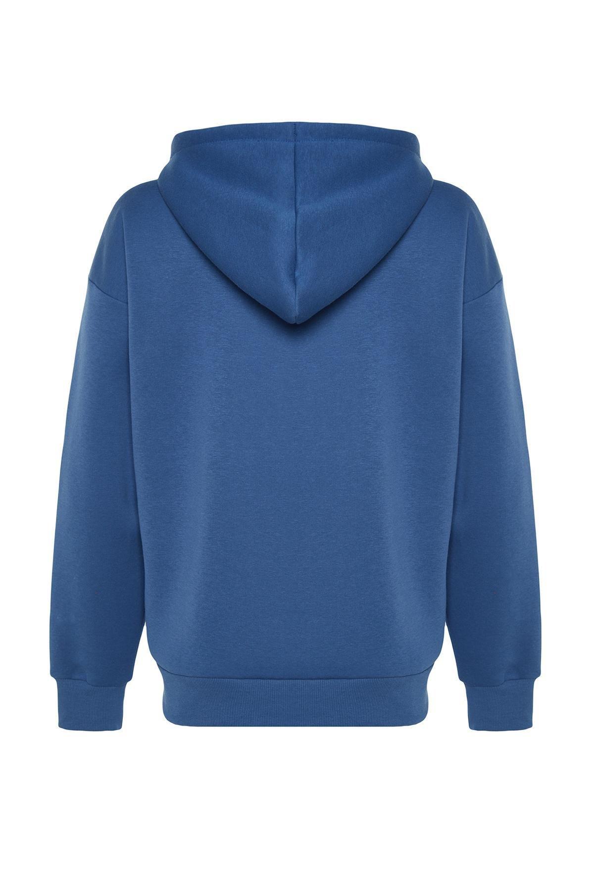 Trendyol - Blue Detailed Hooded Knitted Sweatshirt