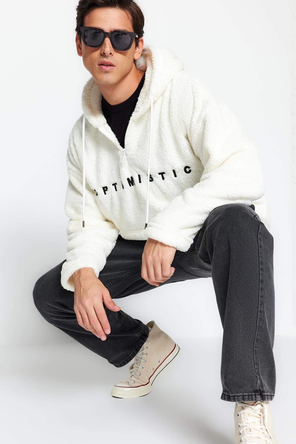 White Oversize Half Zip Hoodie, , medium
