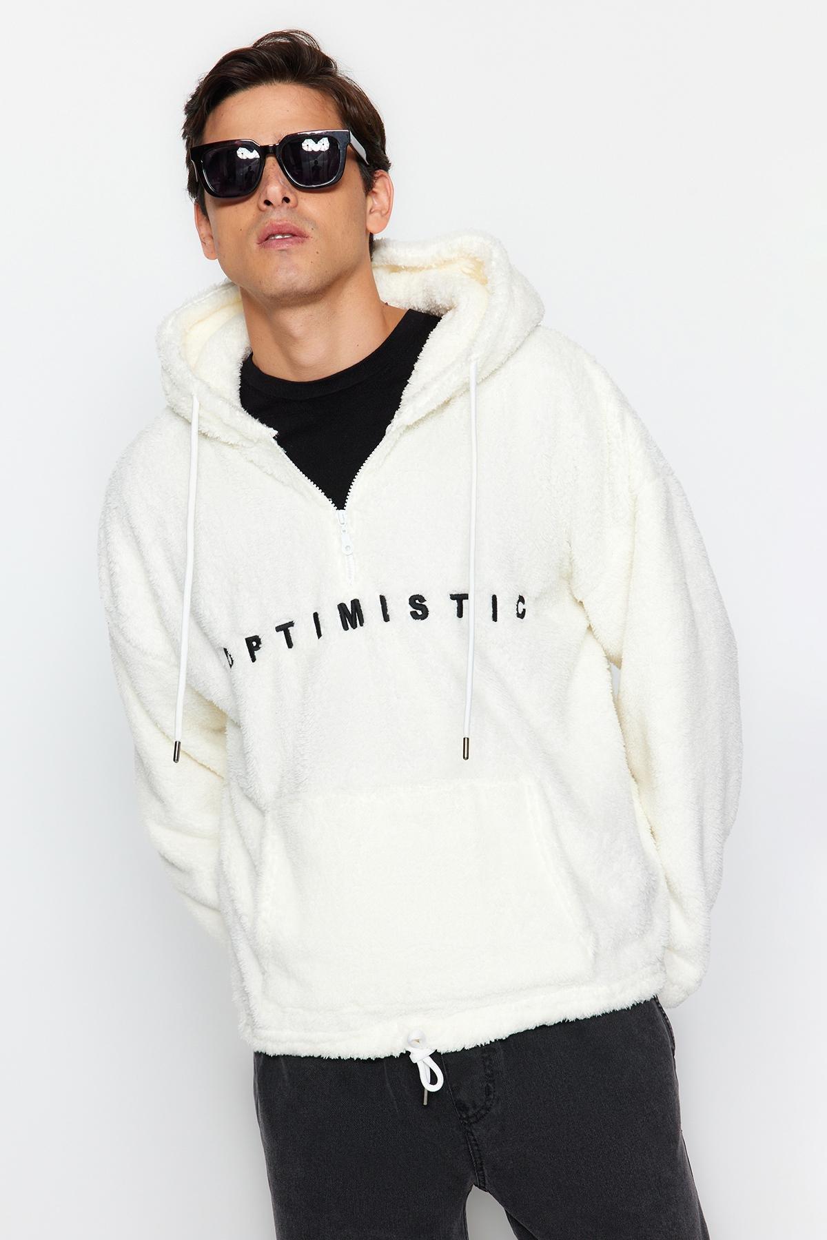White Oversize Half Zip Hoodie, , large image number 1