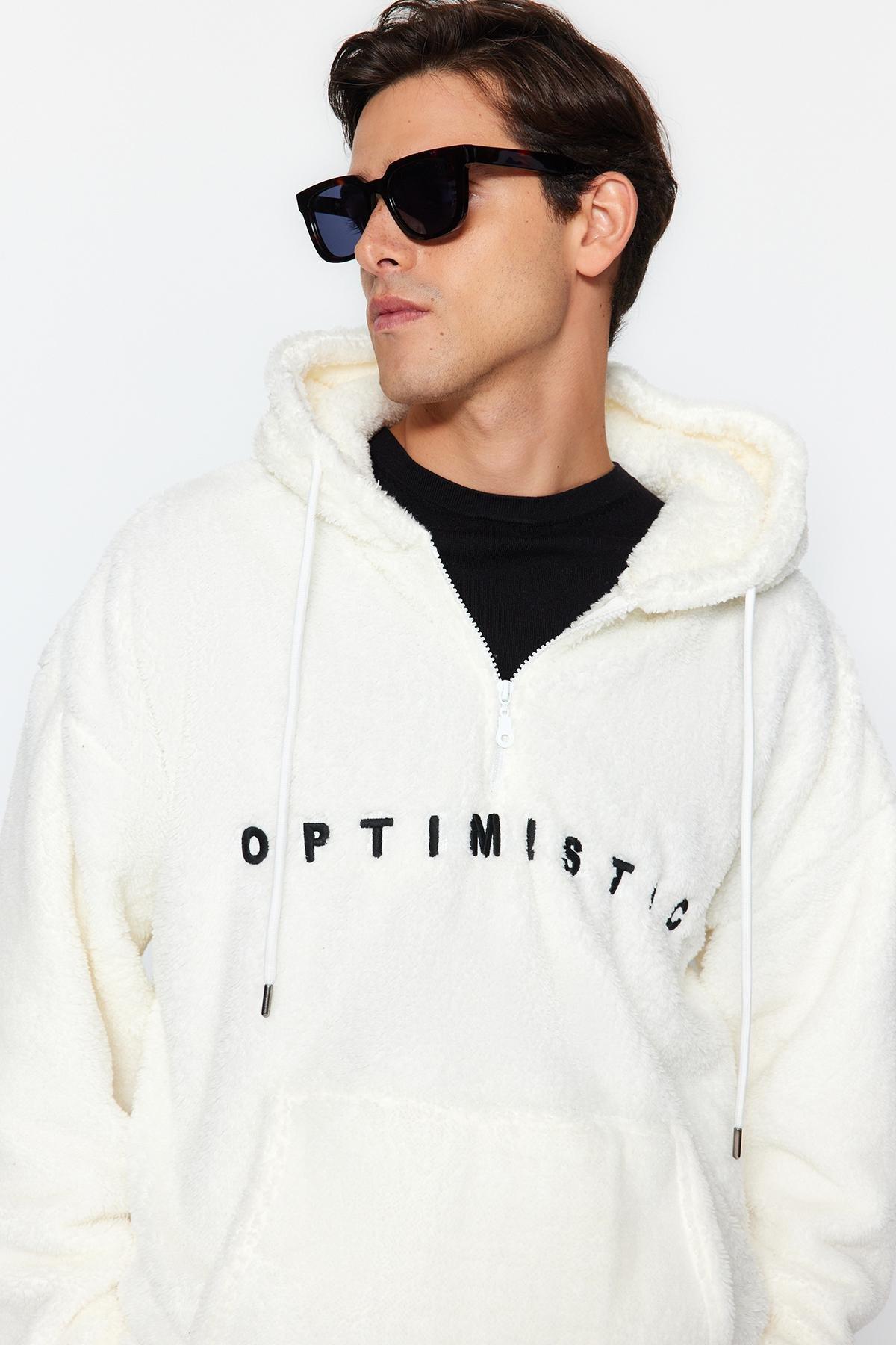 White Oversize Half Zip Hoodie, , large image number 2