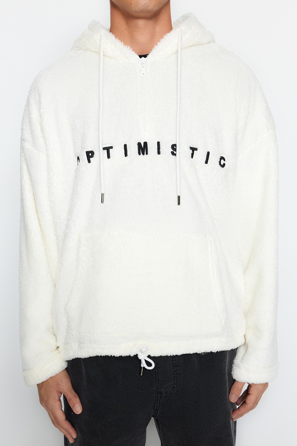 White Oversize Half Zip Hoodie, , large image number 3