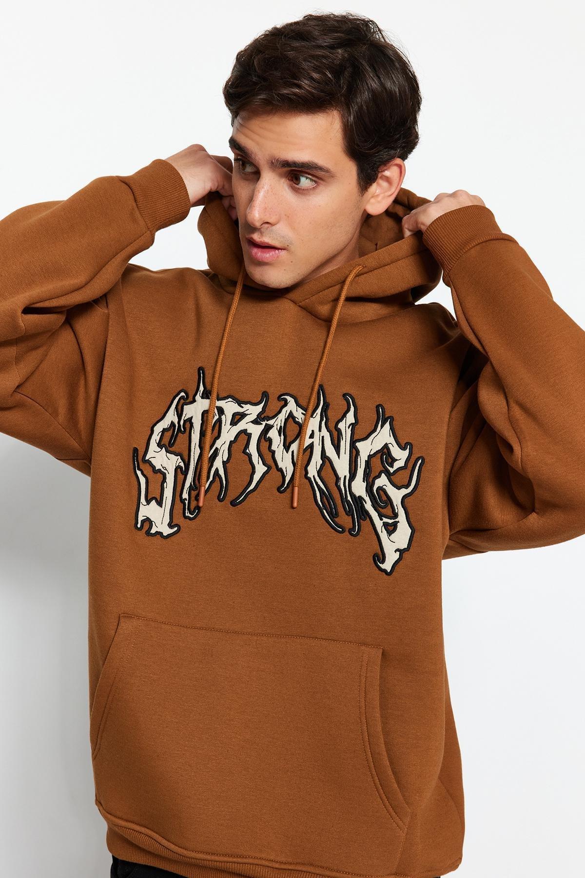 Trendyol - Brown Oversized Fleece Hooded Sweatshirt