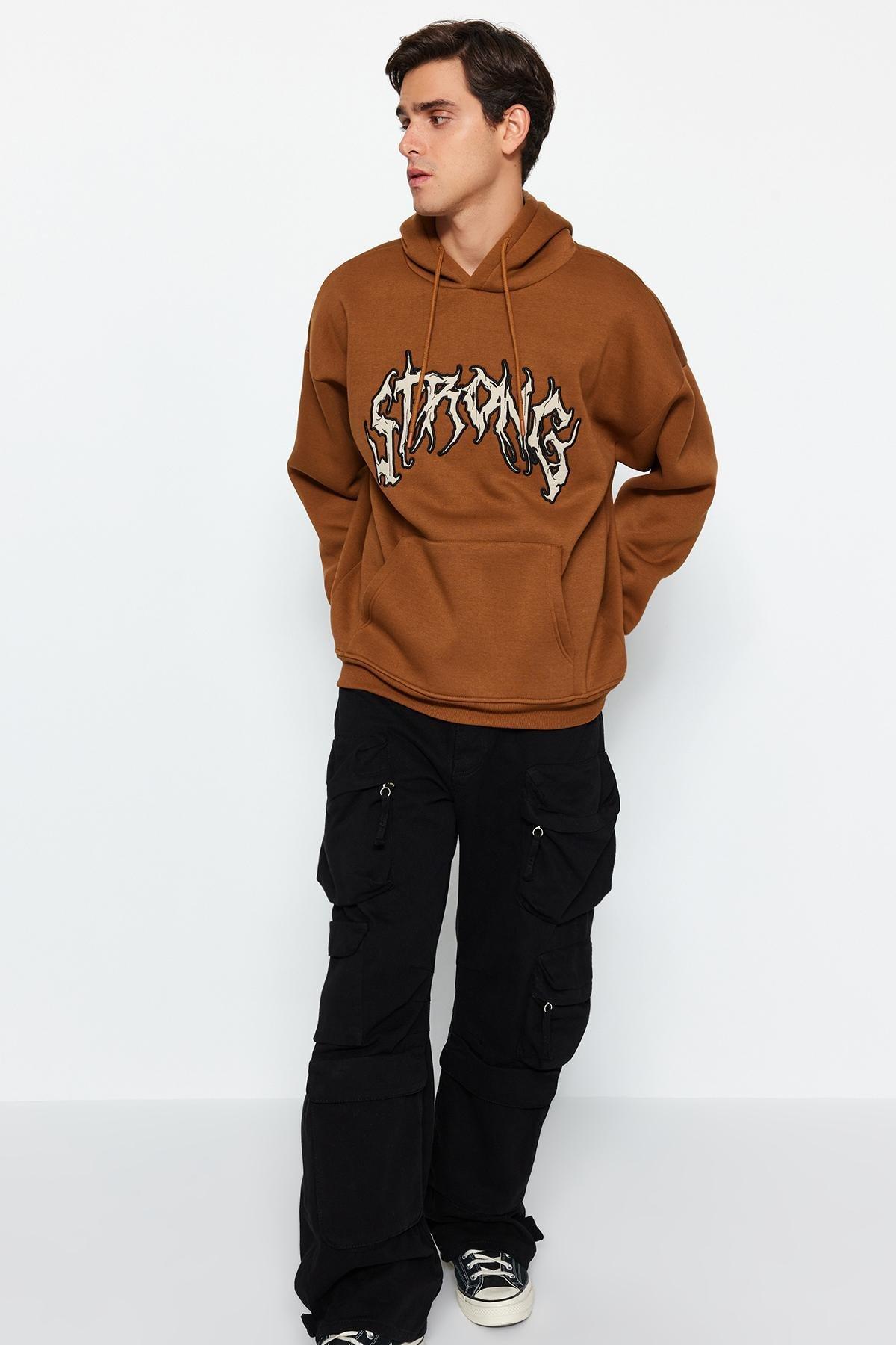 Trendyol - Brown Oversized Fleece Hooded Sweatshirt