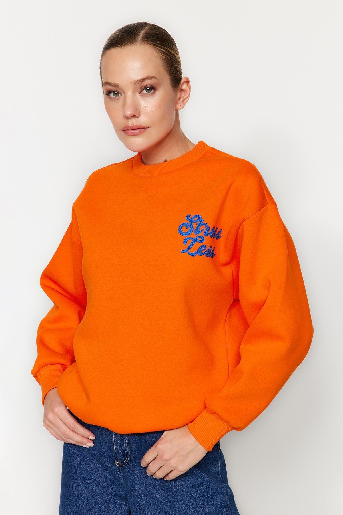 Trendyol - Orange Slogan Knitted Sweatshirt