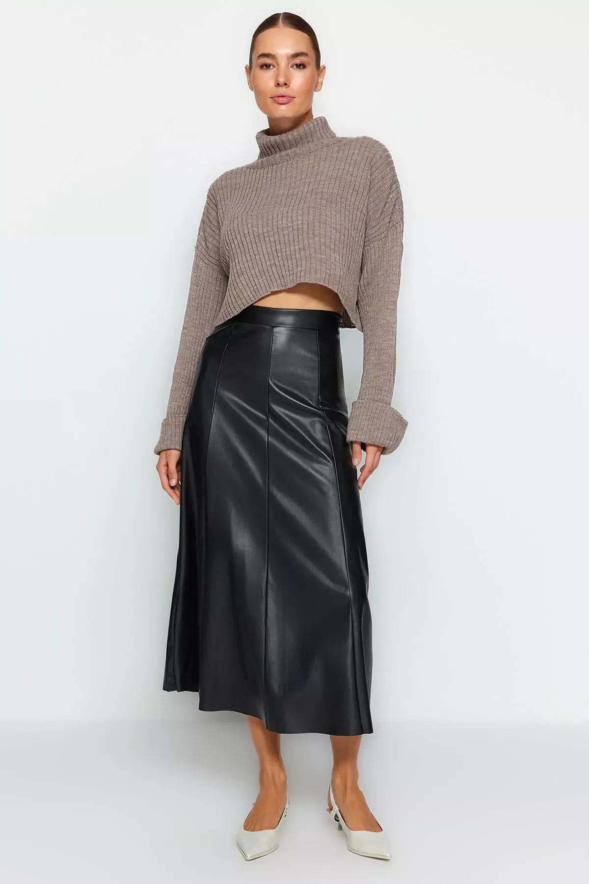 Black Raised Faux Leather High Waist Maxi Skirt, BLACK, medium