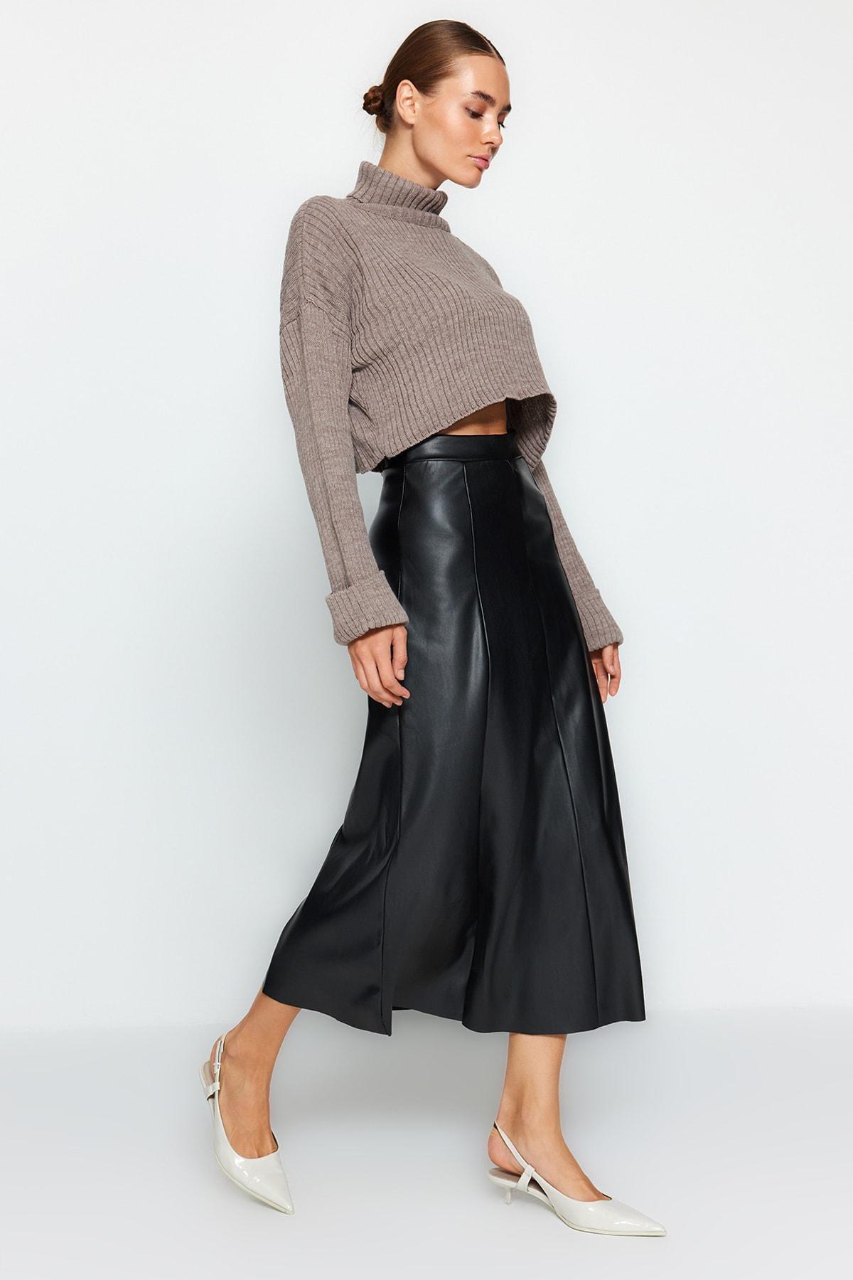 Black Raised Faux Leather High Waist Maxi Skirt, , large image number 1