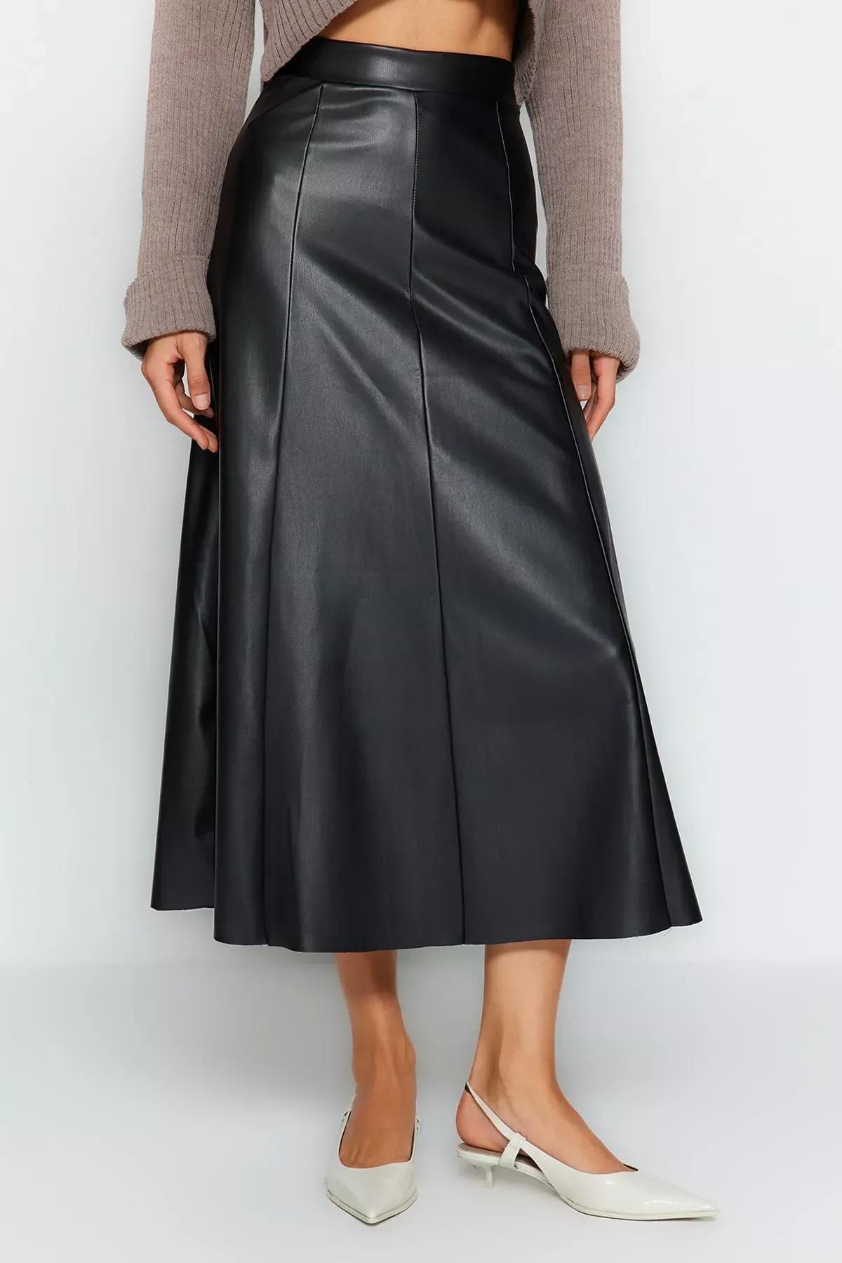 Black Raised Faux Leather High Waist Maxi Skirt, BLACK, medium