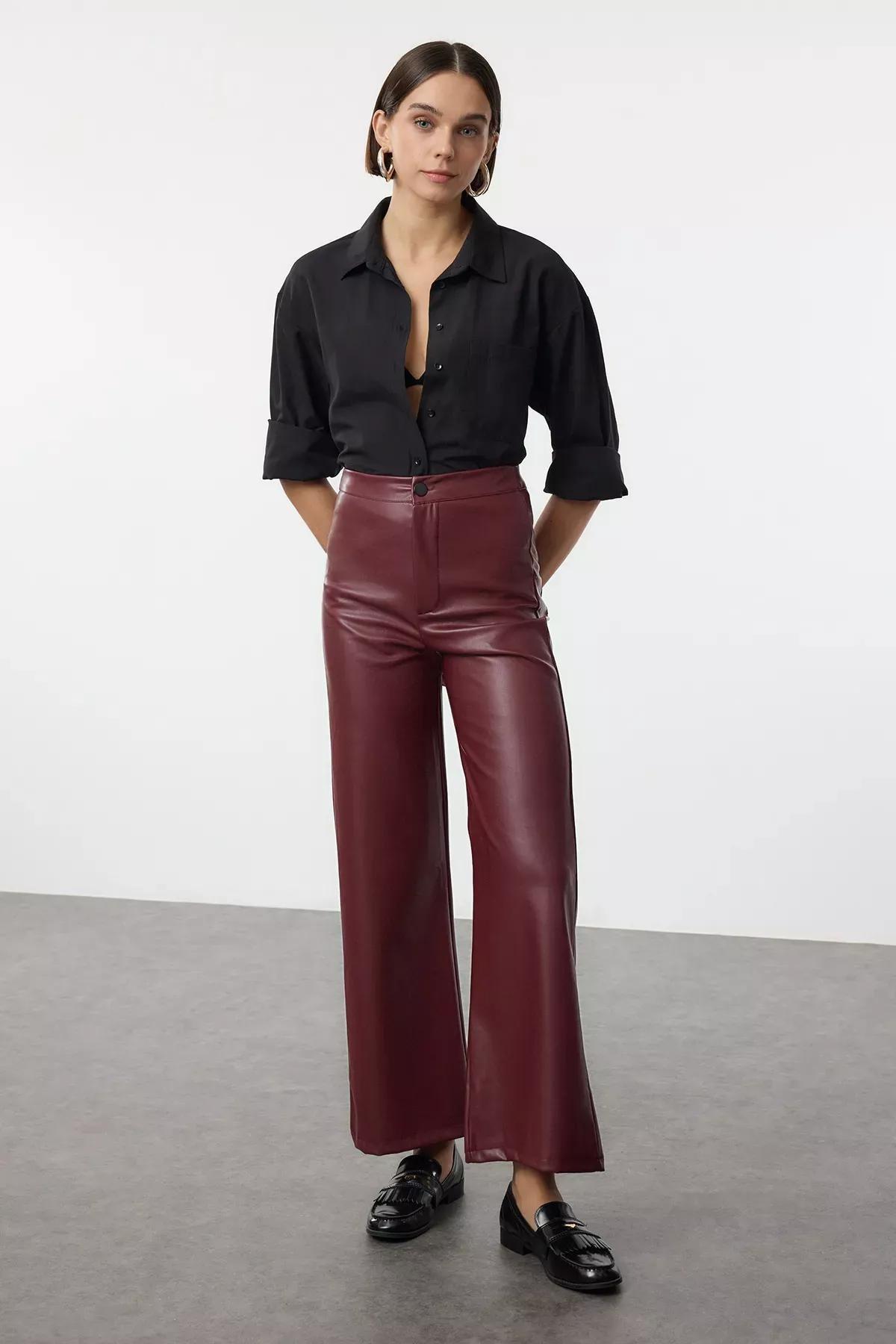 Red Faux Leather Knit Trousers, Burgundy, large image number 0