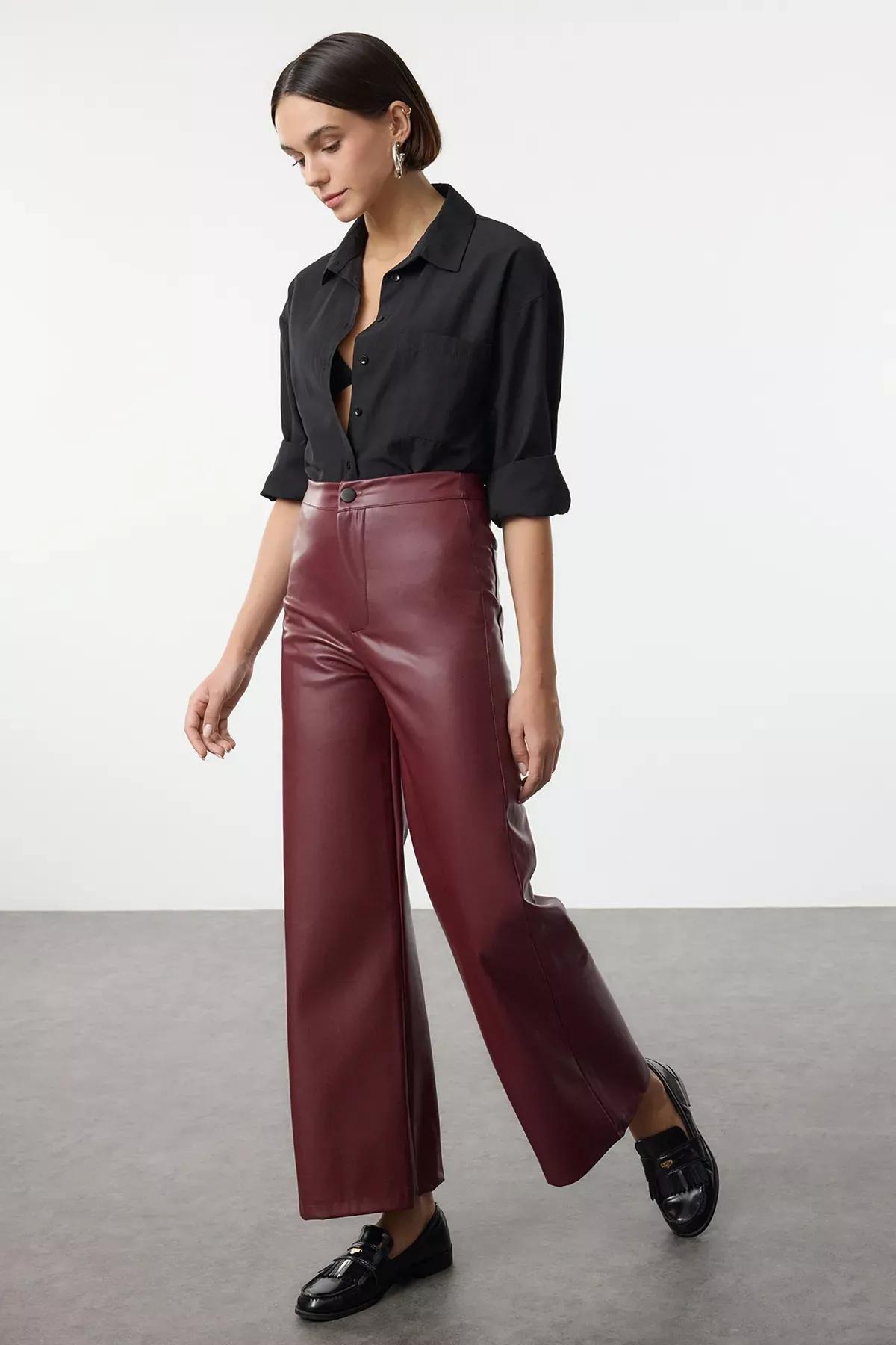 Red Faux Leather Knit Trousers, Burgundy, large image number 1