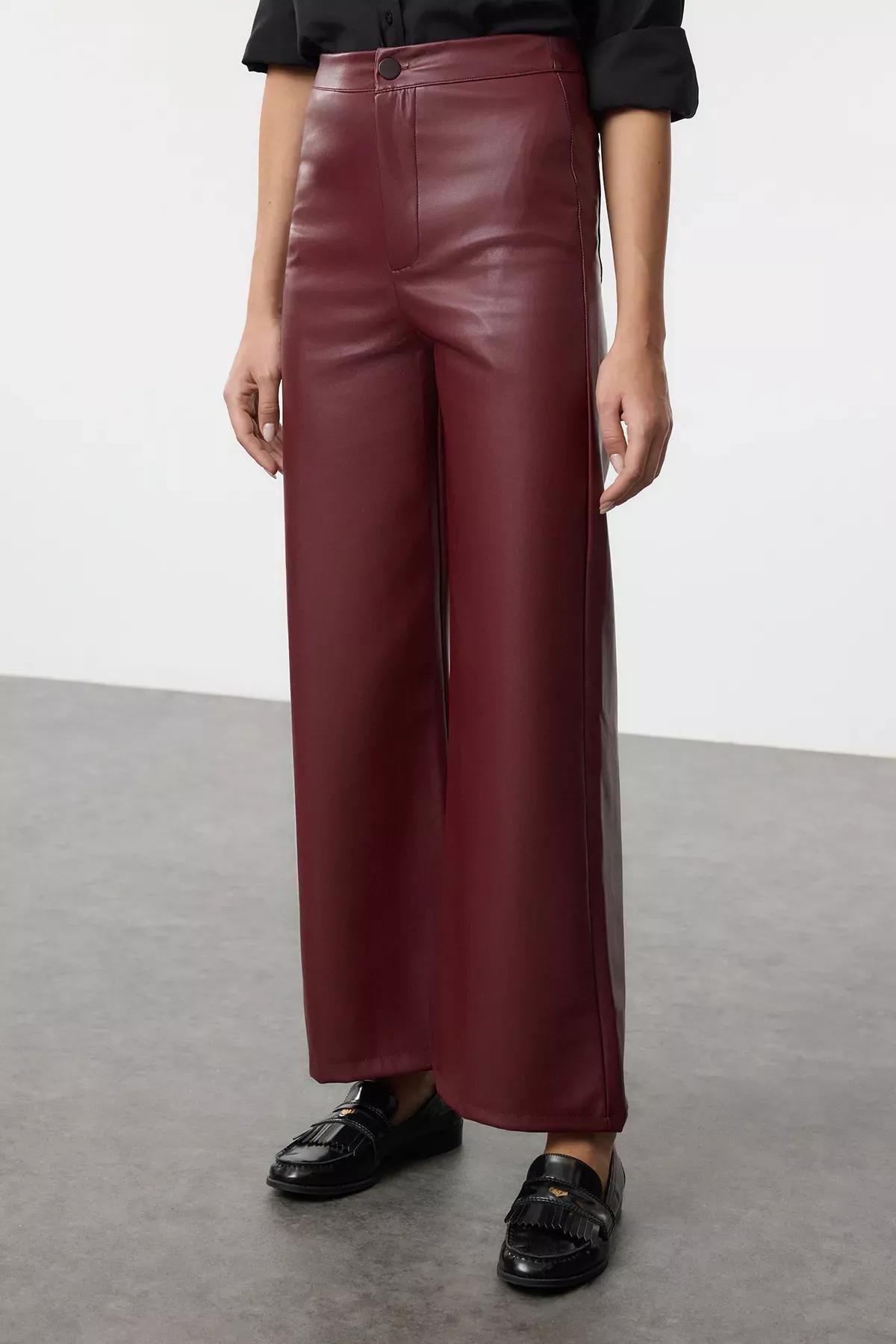 Red Faux Leather Knit Trousers, Burgundy, large image number 2