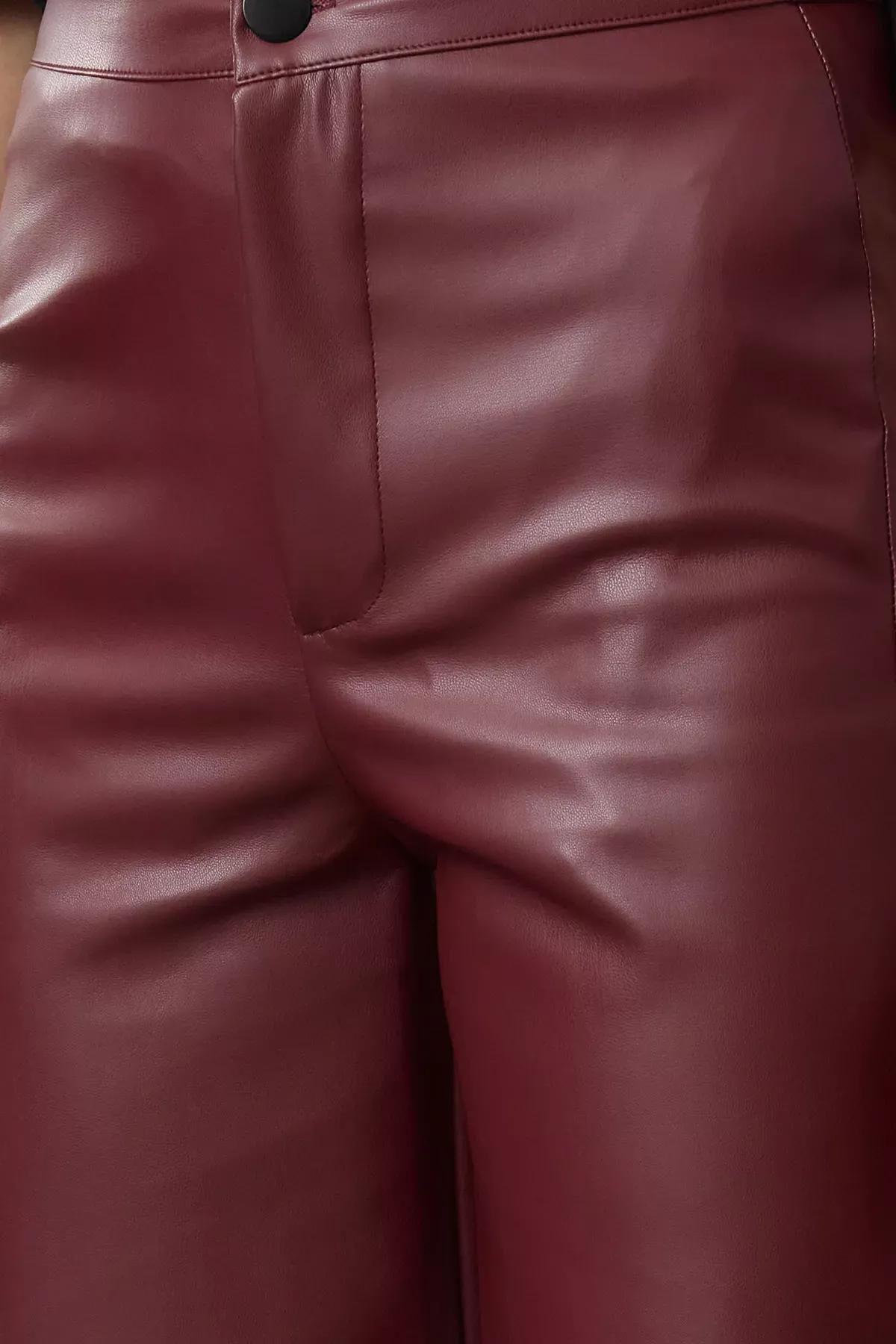 Red Faux Leather Knit Trousers, Burgundy, large image number 3