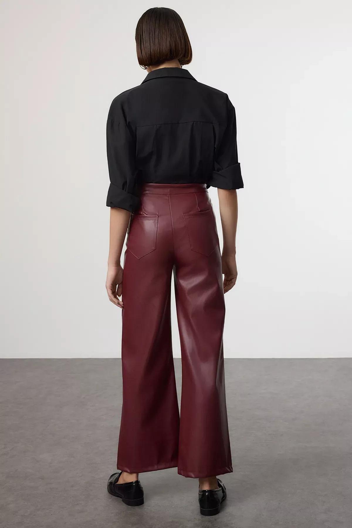 Red Faux Leather Knit Trousers, Burgundy, large image number 4