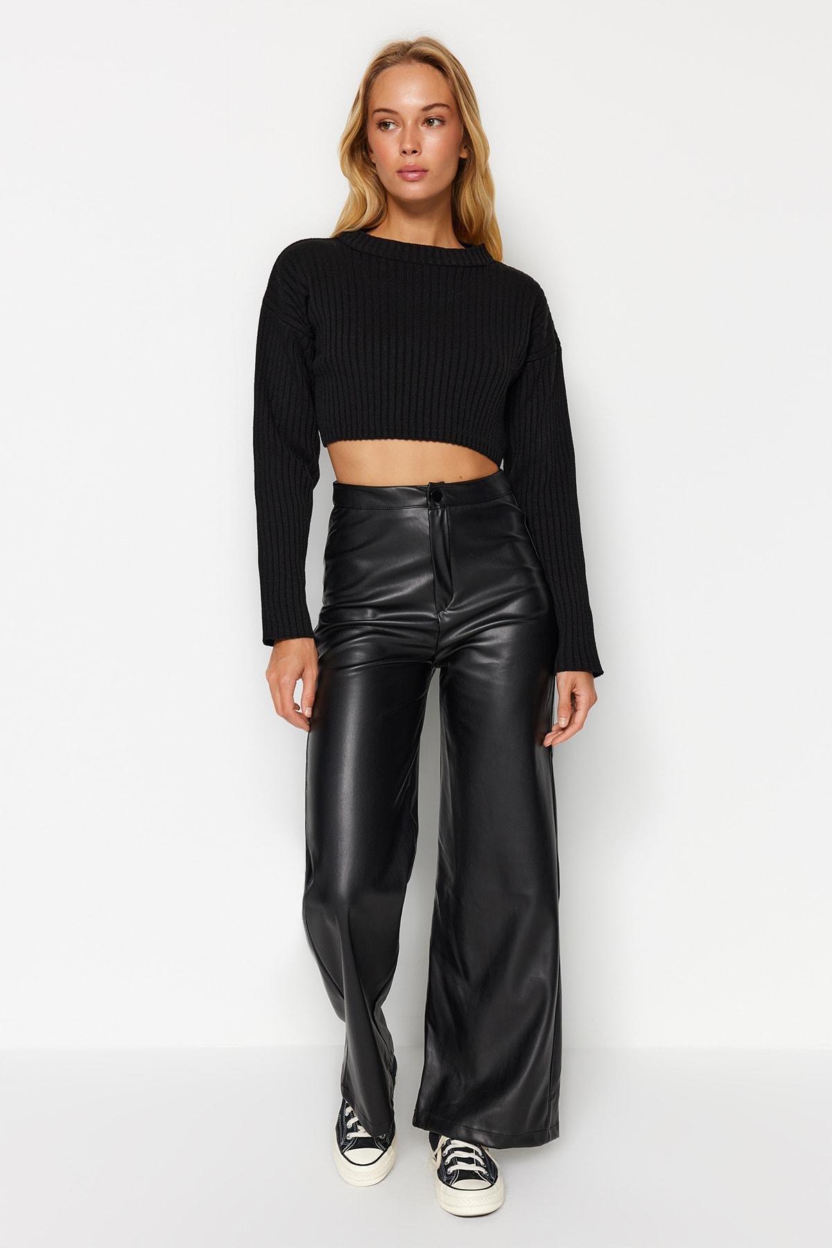 Black Leather Wide Leg Knitted Pants, , large image number 0