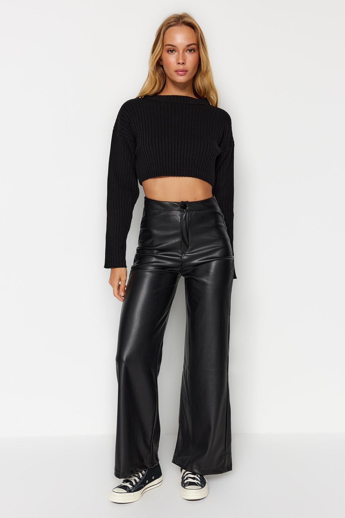 Black Leather Wide Leg Knitted Pants, , large image number 1