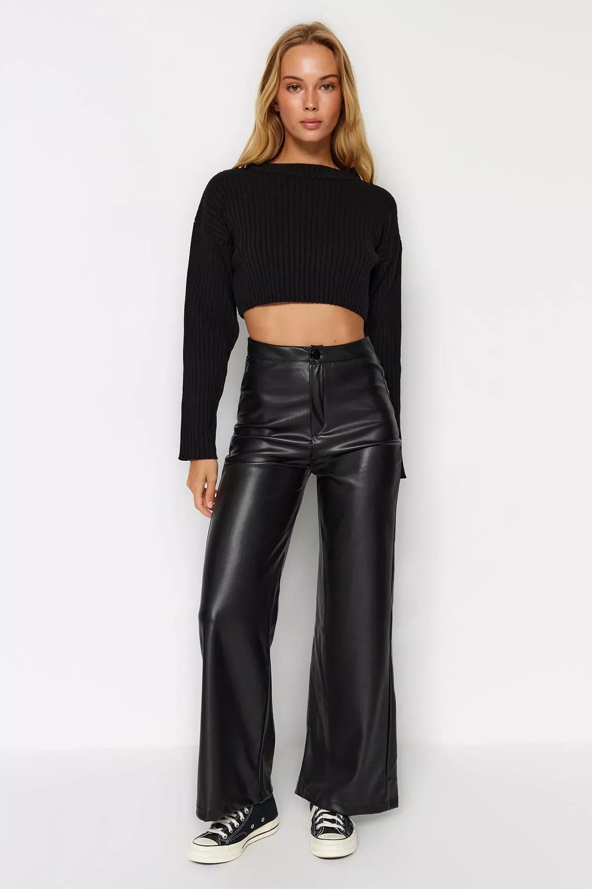 Black Leather Wide Leg Knitted Pants, BLACK, medium