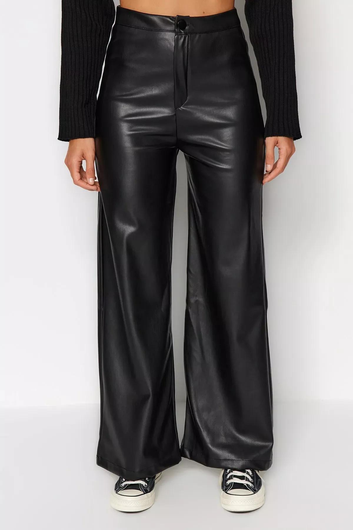Black Leather Wide Leg Knitted Pants, BLACK, large image number 3