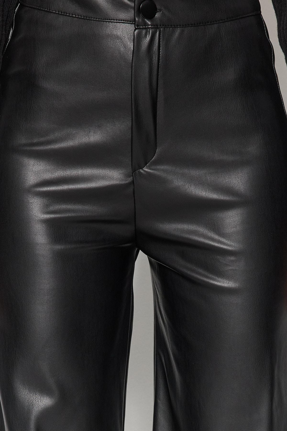Black Leather Wide Leg Knitted Pants, , large image number 4