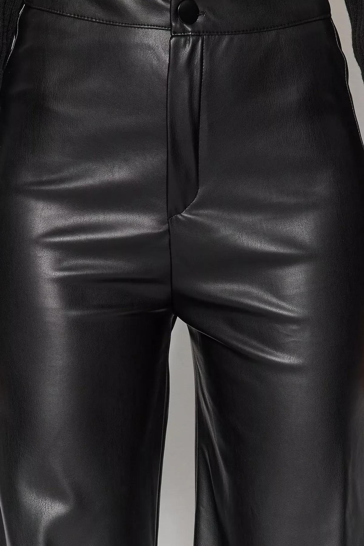 Black Leather Wide Leg Knitted Pants, BLACK, large image number 4