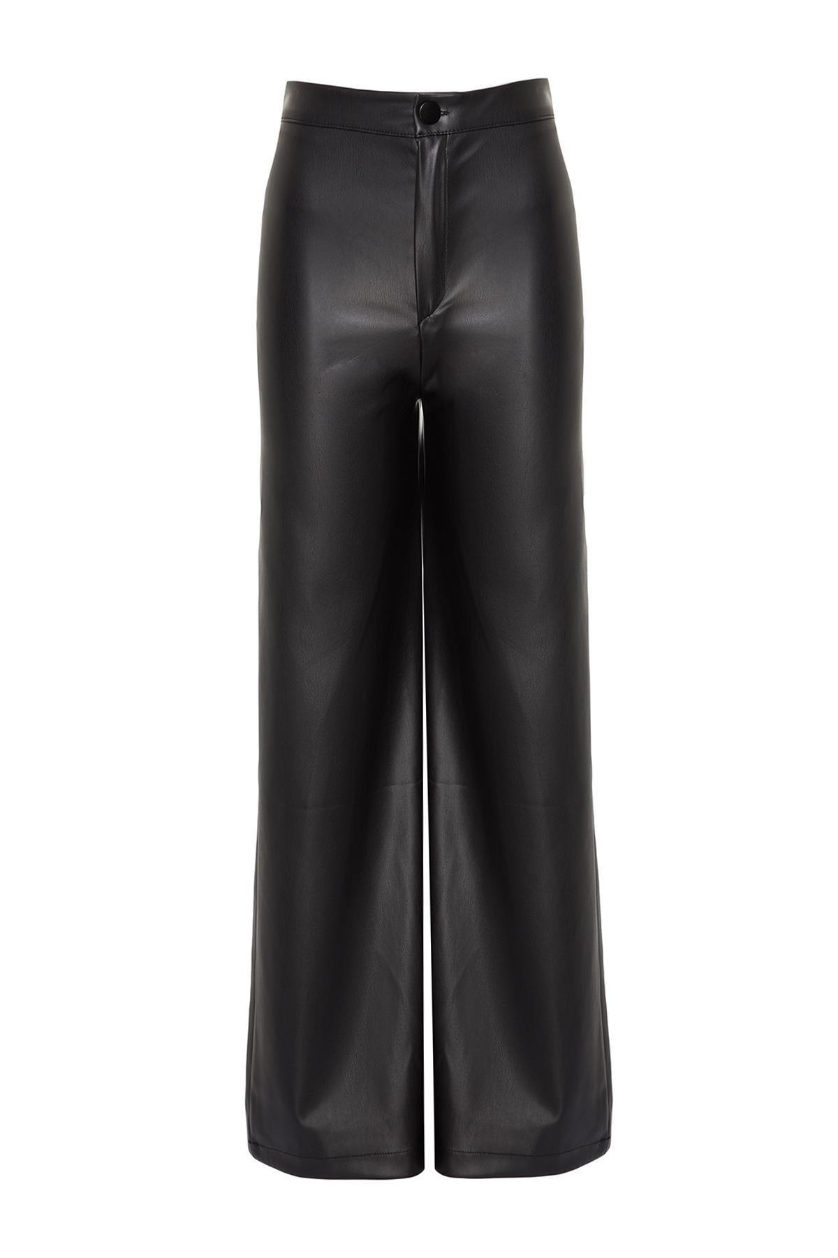 Black Leather Wide Leg Knitted Pants, , large image number 5