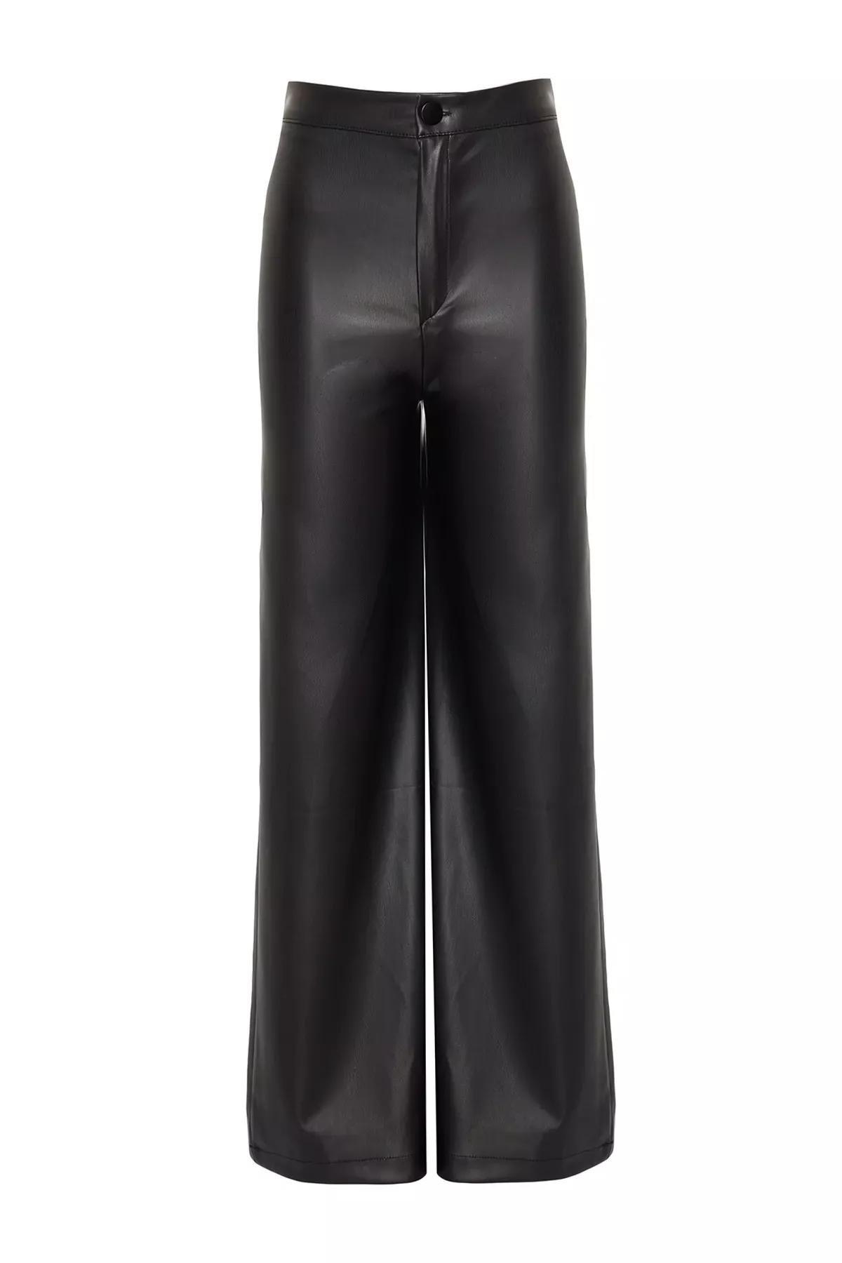 Black Leather Wide Leg Knitted Pants, BLACK, large image number 5