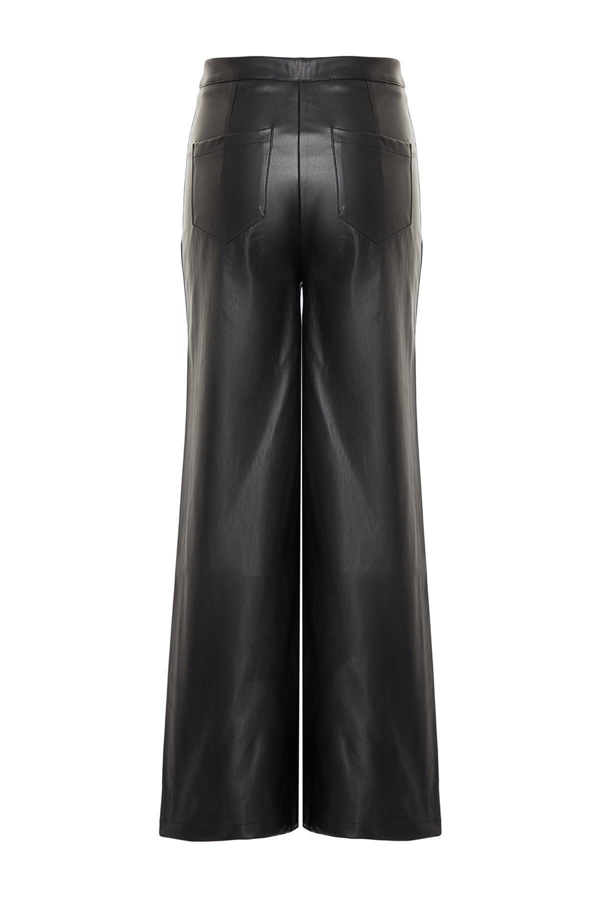 Black Leather Wide Leg Knitted Pants, , large image number 6