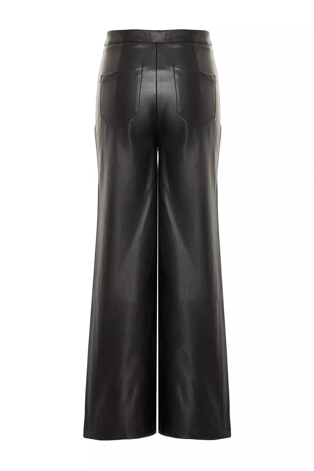 Black Leather Wide Leg Knitted Pants, BLACK, large image number 6