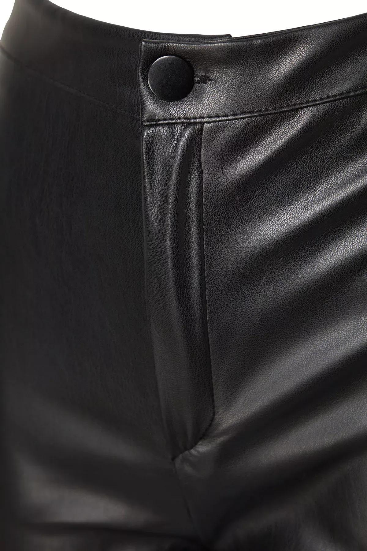 Black Leather Wide Leg Knitted Pants, BLACK, large image number 7