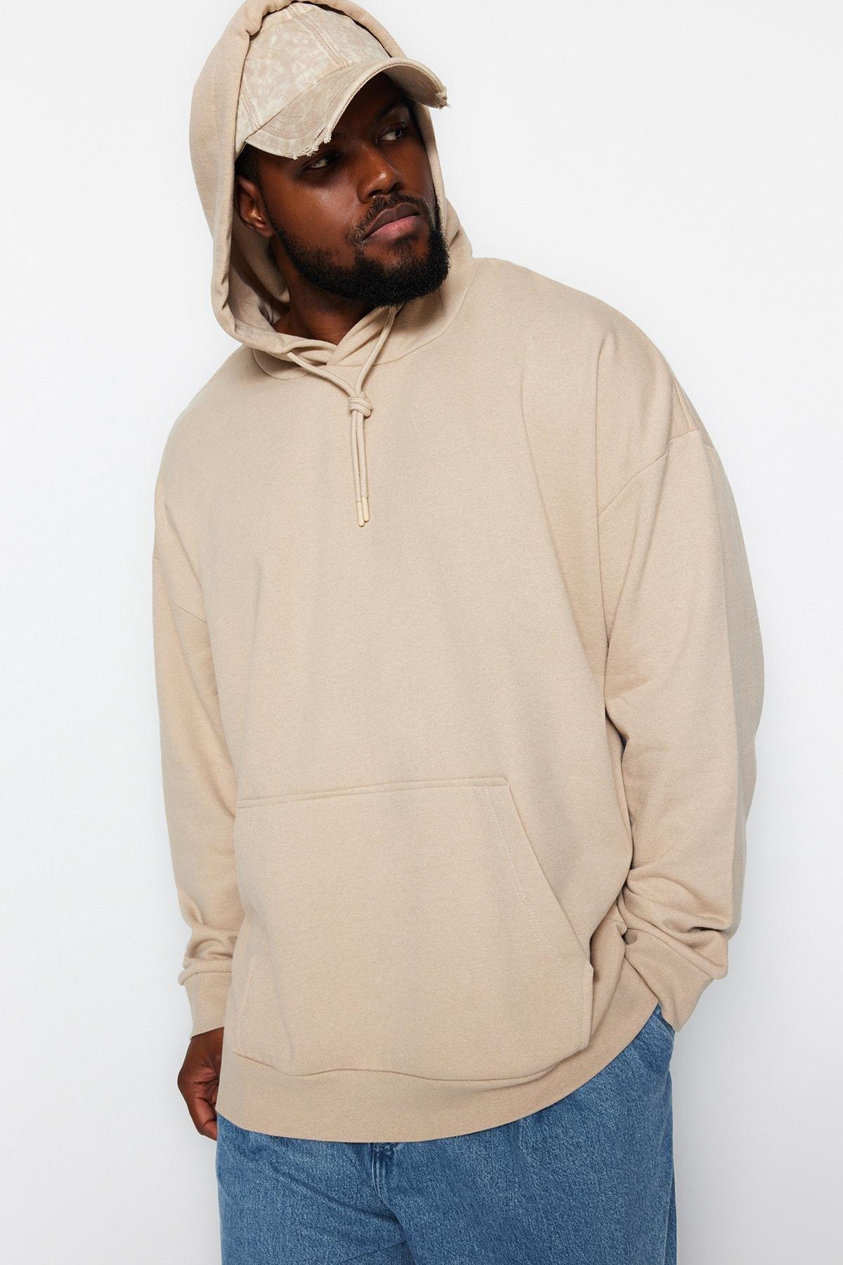 Trendyol - Beige Oversized Fleece Hoodie