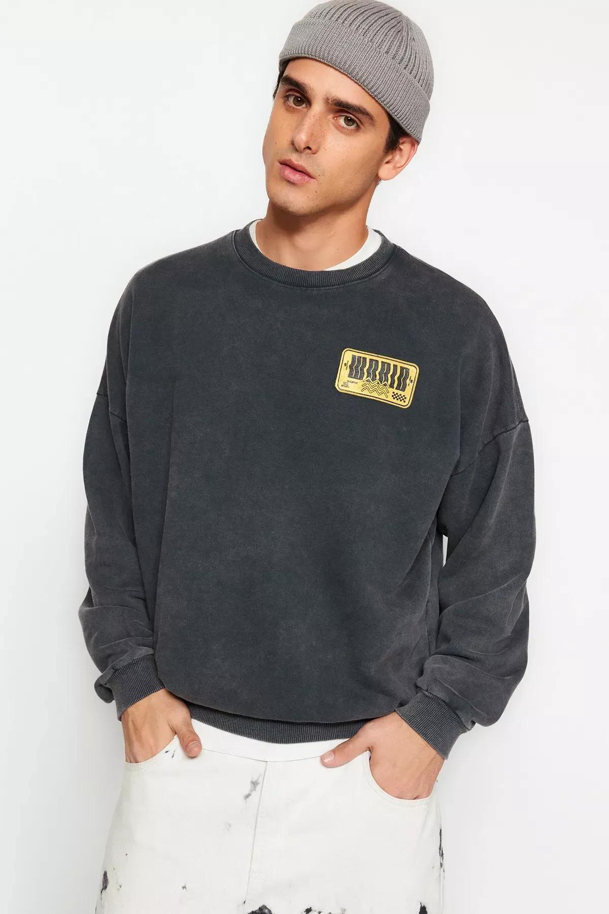 Grey Oversized Printed Sweatshirt, C101_1494, large image number 1