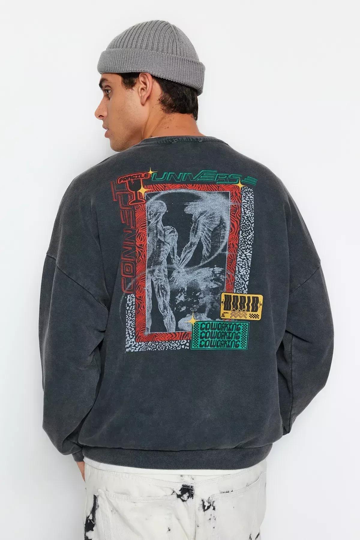 Grey Oversized Printed Sweatshirt, , large image number 2