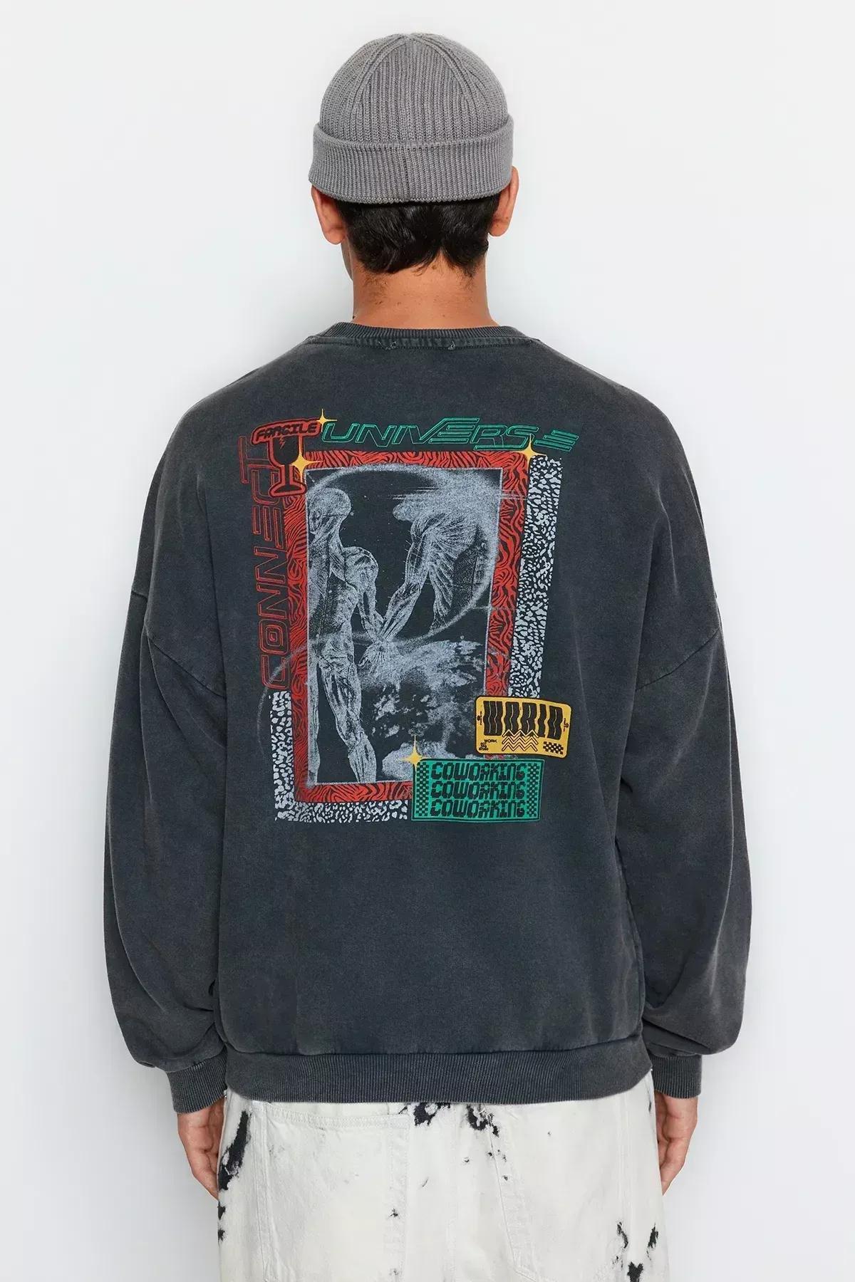 Grey Oversized Printed Sweatshirt, C101_1494, large image number 5