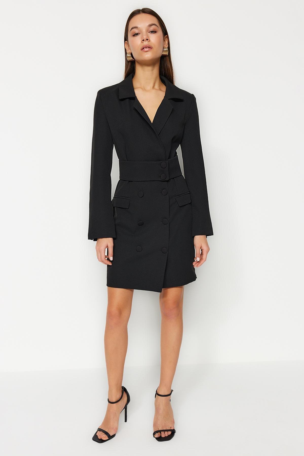 Black Mini Button Woven Dress, , large image number 0