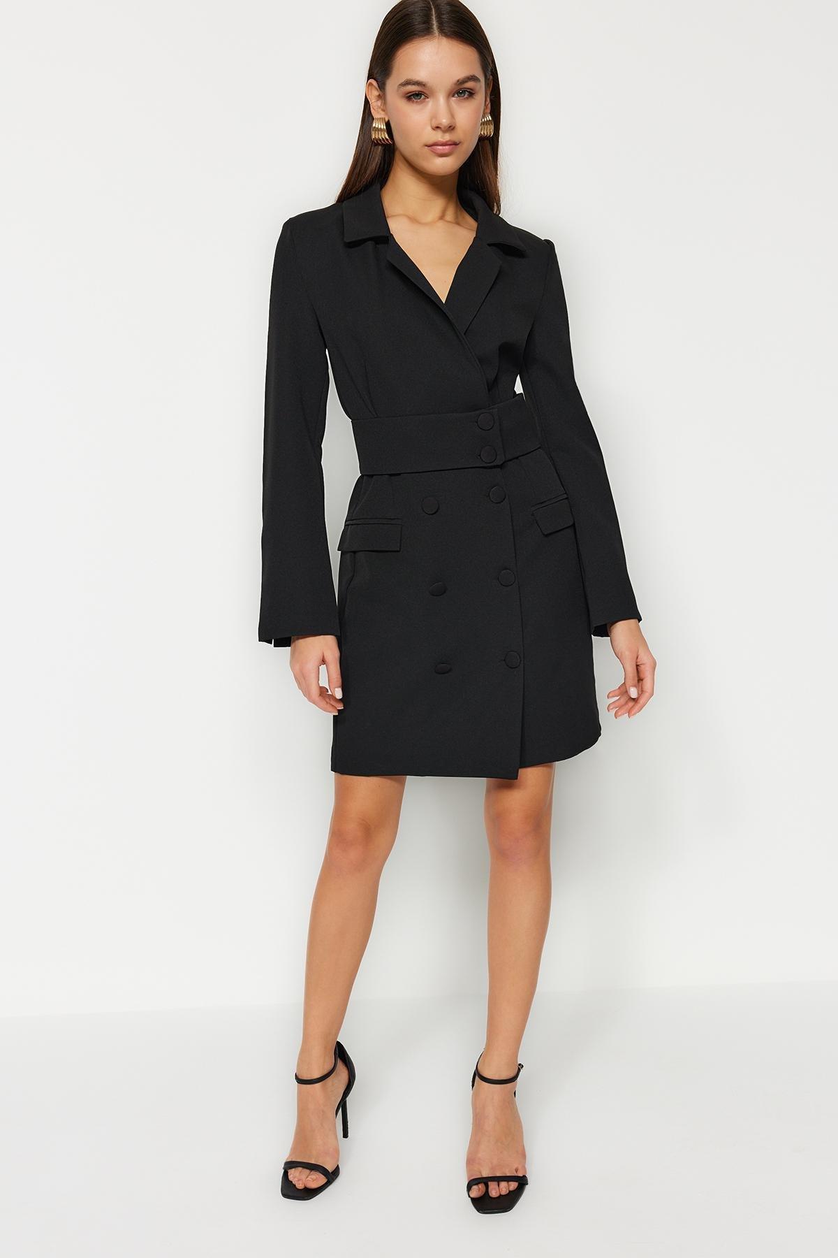 Black Mini Button Woven Dress, , large image number 3