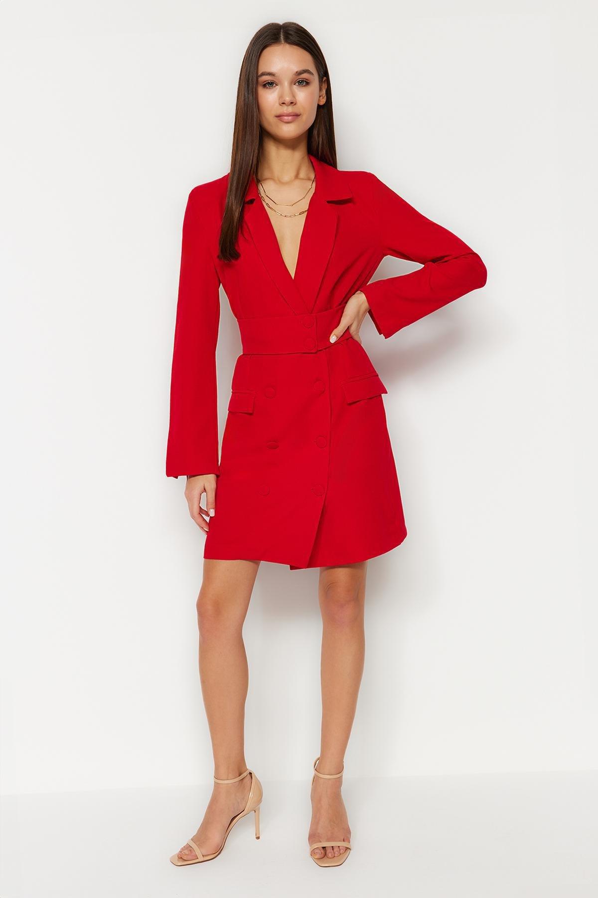 Red Mini Button Woven Dress, , large image number 0