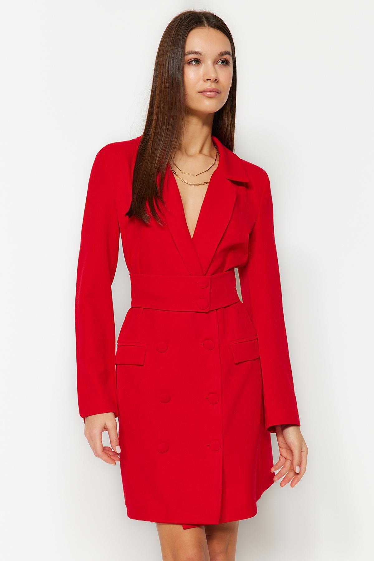 Red Mini Button Woven Dress, , large image number 1