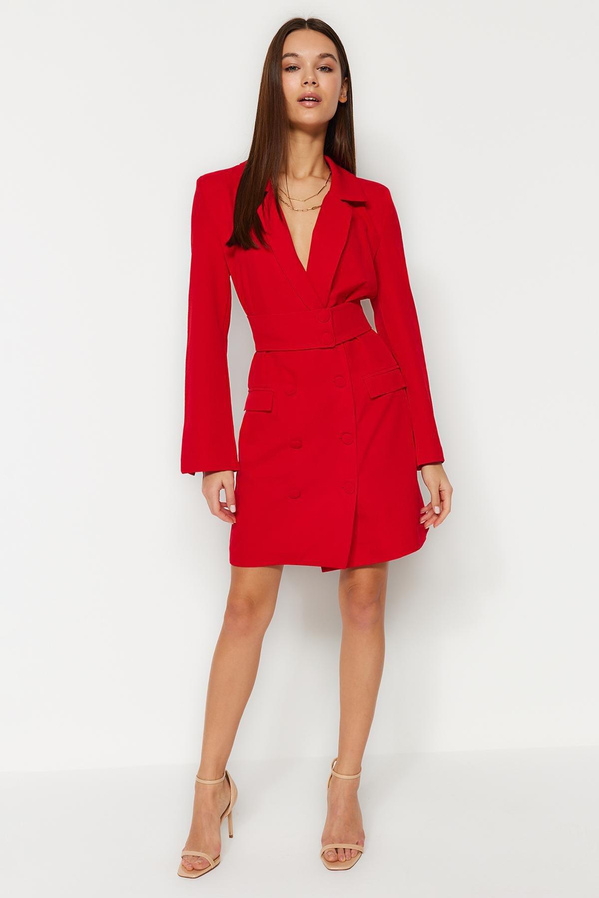 Red Mini Button Woven Dress, , large image number 3