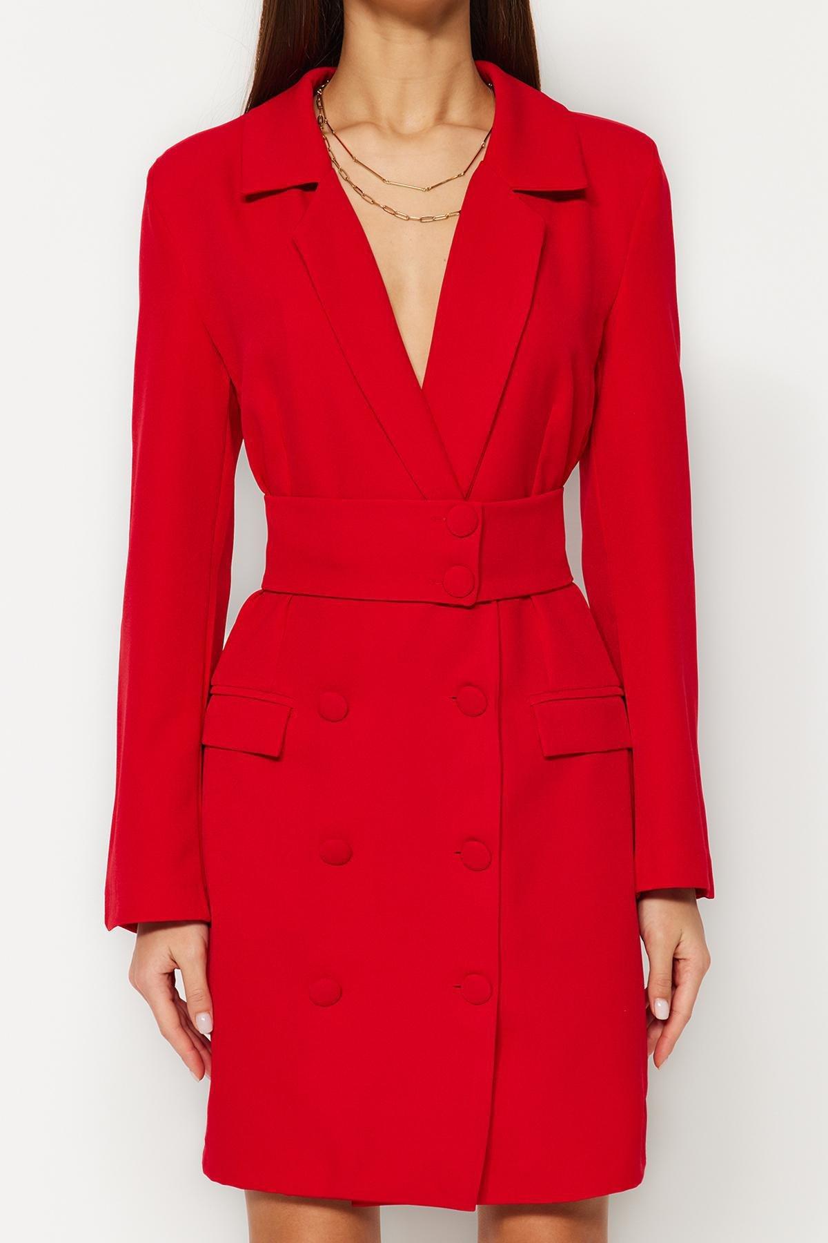 Red Mini Button Woven Dress, , large image number 5